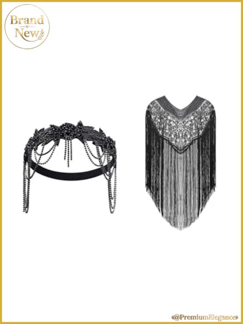 Crystal Rhinestone Headband & Sequin Fringe Shawl Set